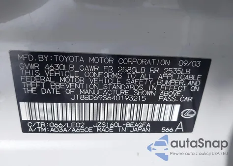2004 Lexus Gs 300 from USA, damaged, VIN JT8BD69S640193215